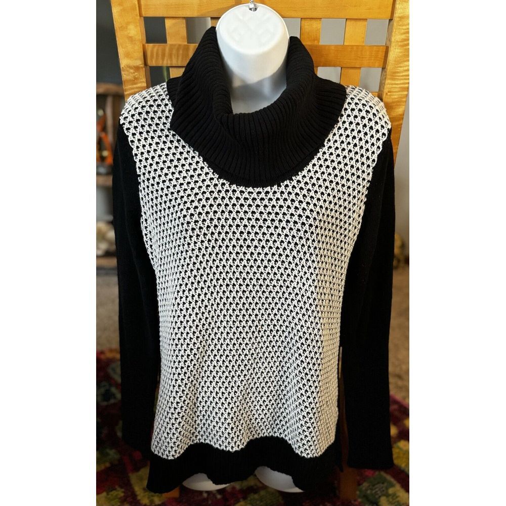 Calvin Klein Womens Black Knit Cowl Neck B&W Sweater‎ Sz Small Geomtric Textured